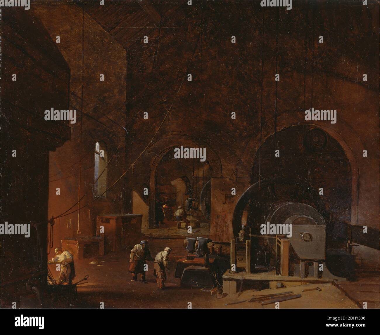 Intérieur d'une quincaillerie, Godfrey Sykes, 1824–1866, British, 1850, huile sur toile, support (PTG): 14 1/4 x 17 1/2 pouces (36.2 x 44.5 cm), arches, costume, forge, genre sujet, industrie, intérieur, quincaillerie, lumière, machines, hommes, métal, métallurgie, travail des métaux, cordes, science, outils, ouvriers Banque D'Images
