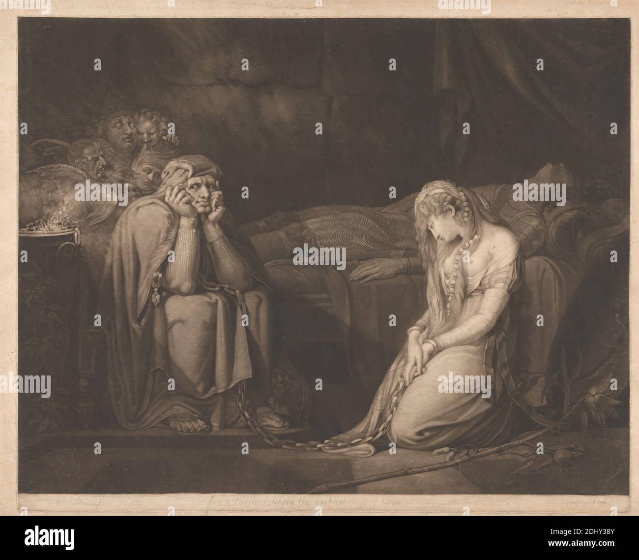 Bellsane et Parcival sous l'enchantement d'Urma, John Raphael Smith, 1752–1812, britannique, d'après Henry Fuseli, 1741–1825, suisse, active en Grande-Bretagne (1766–70; 1779 on), 1782, Mezzotint sur modérément épais, modérément texturé, beige, papier ponté, feuille: 19 1/16 × 24 7/8 pouces (48.4 × 63.2 cm), plaque: 17 3/4 × 22 pouces (45.1 × 55.9 cm) et image : 17 1/8 × 21 15/16 pouces (43.5 × 55.7 cm) Banque D'Images