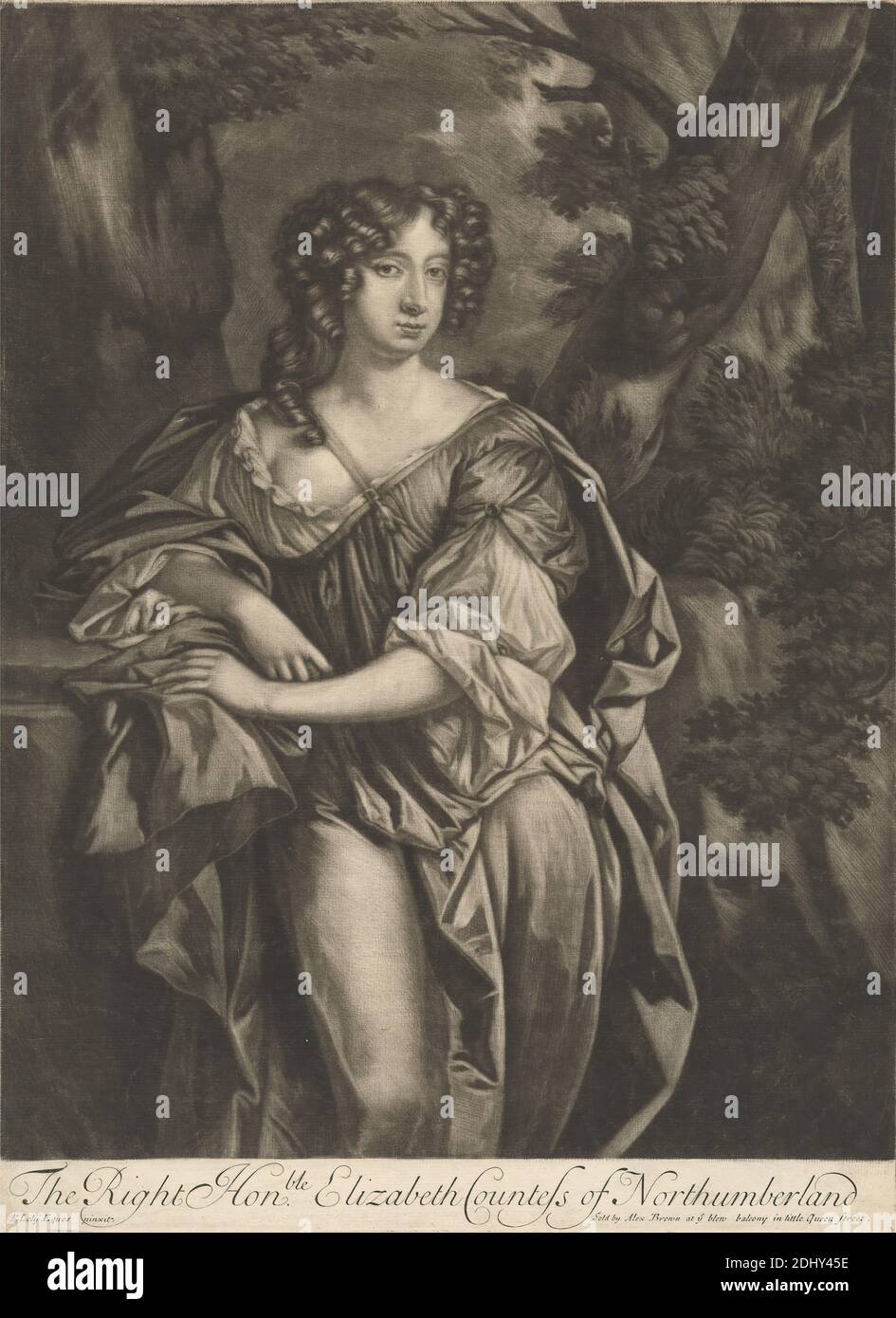 La très honorable Elizabeth, comtesse de Northumberland, imprimé par Alexander Browne, actif 1659–1706, britannique, d'après Sir Peter Lely, 1618–1680, néerlandais, actif en Angleterre (de 1643), publié par Alexander Browne, actif 1659–1706, britannique, entre 1681 et 1685, Mezzotint sur papier crème moyen, légèrement texturé, feuille : 13 7/16 x 9 7/8 pouces (34.1 x 25.1 cm) et image: 12 9/16 x 9 3/4 pouces (31.9 x 24.8 cm), boucle, costume, comtesse, boucles, robe, robe, noblesse, portrait, arbres, femme Banque D'Images