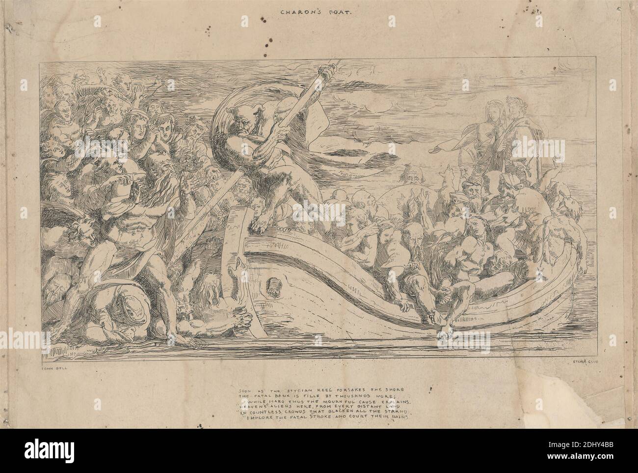 Charon's Boat, imprimé par John Bell, 1811–1895, British, entre 1838 et 1850, Etching sur du papier vélin beige modérément épais, légèrement texturé, avec un collage de chine crème, feuille: 8 3/8 x 12 1/2 pouces (21.2 x 31.8 cm), plaque: 8 3/8 x 12 1/16 pouces (21.2 x 30.6 cm), et image: 5 13/16 x 10 11/16 pouces (14.7 x 27.2 cm), agonie, mendicité, bateau, nuages, mort, enfer, hommes, mythologie, gens, pleurage, sujet religieux et mythologique, rivière, âmes, personnel, Styx, torture, femmes Banque D'Images