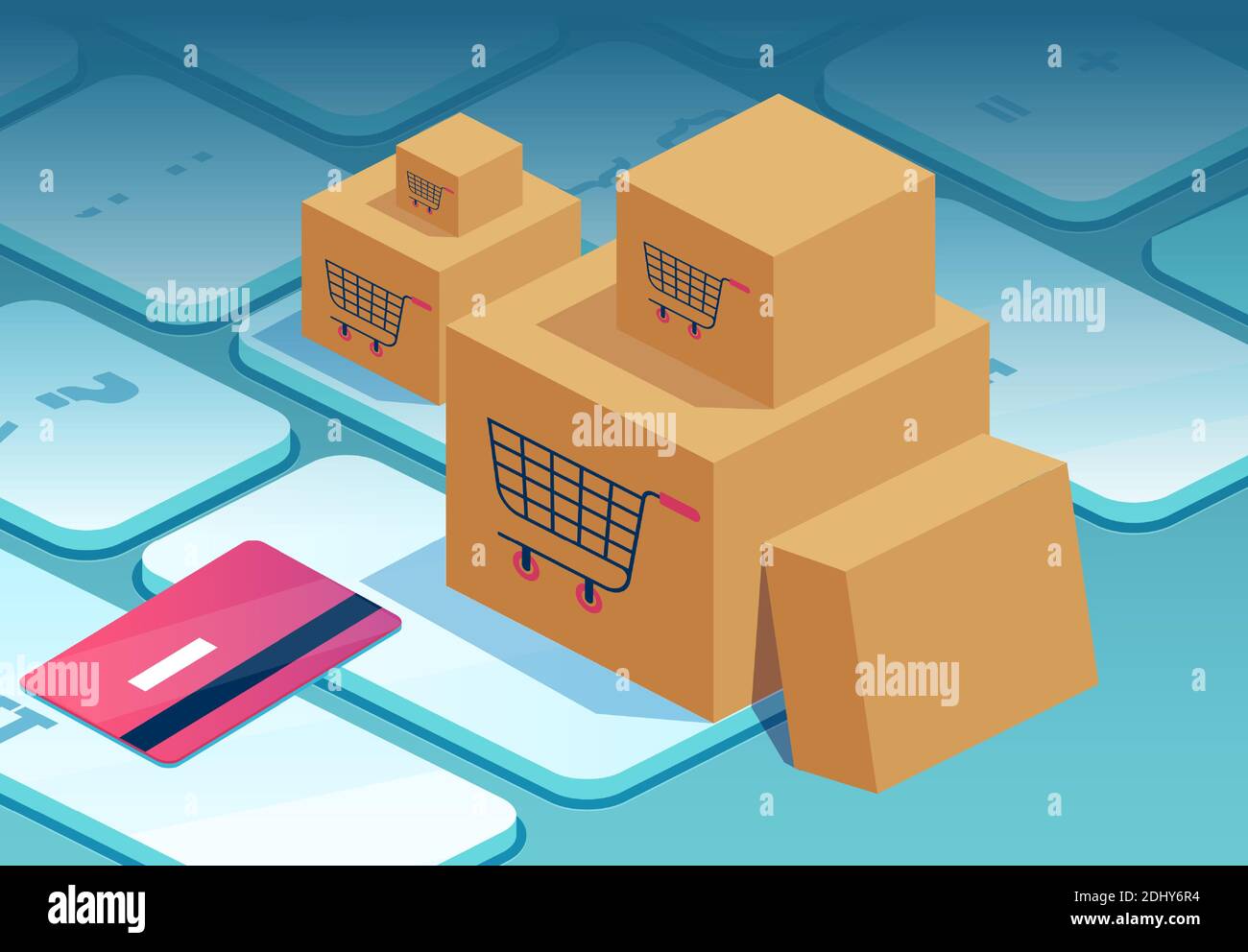Concept d'achat en ligne. Vecteur de boîtes en carton et de carte de crédit sur un clavier d'ordinateur portable. Illustration de Vecteur