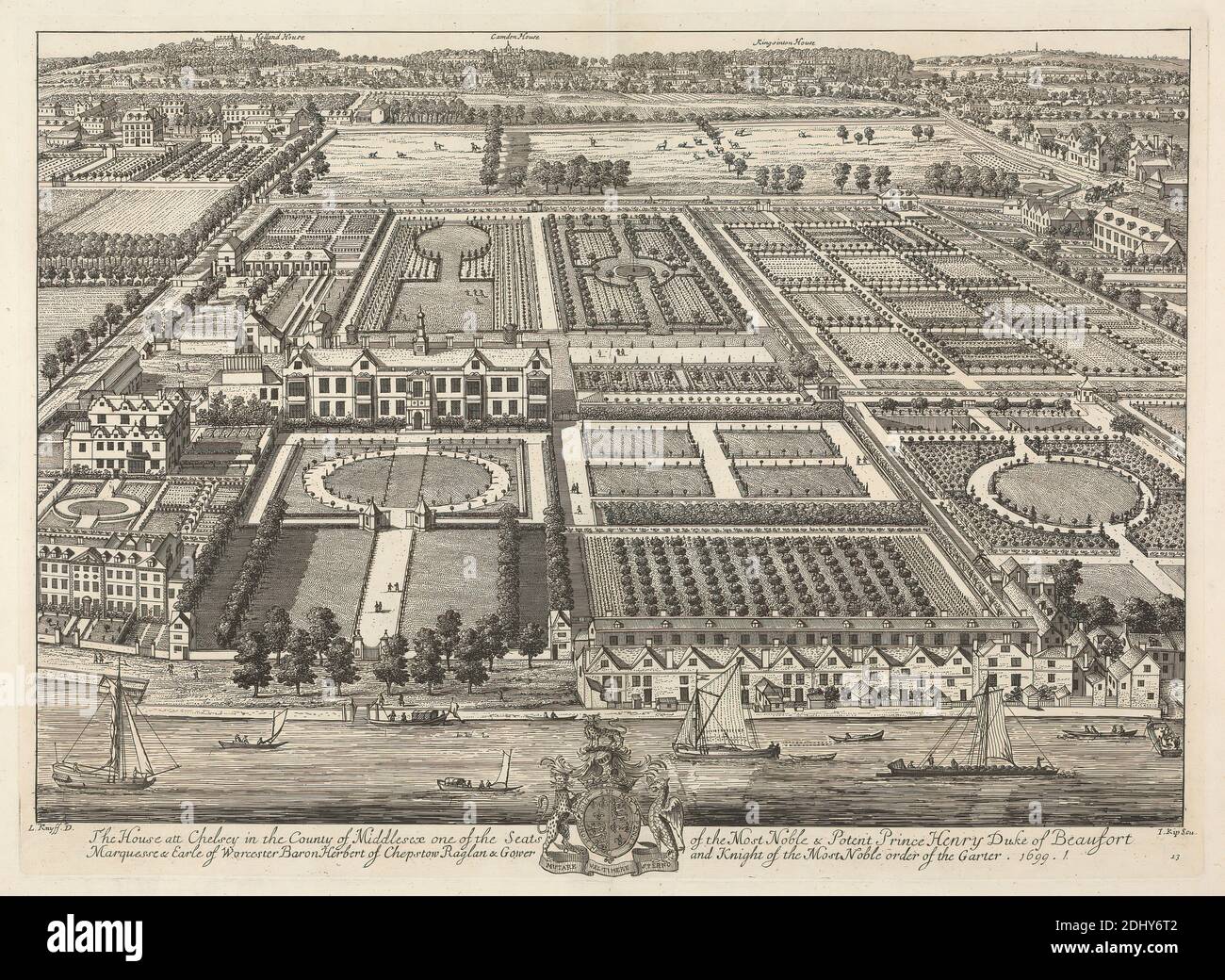 Vue de Beaufort House et Chelsea 1699, Johannes Kip, 1653–1722, néerlandais, après Leonard Knyff, 1650–1721, néerlandais, actif en Grande-Bretagne (par 1681), 1699, gravure, feuille: 14 1/8 x 19 3/8in. (35.9 x 49,2 cm Banque D'Images