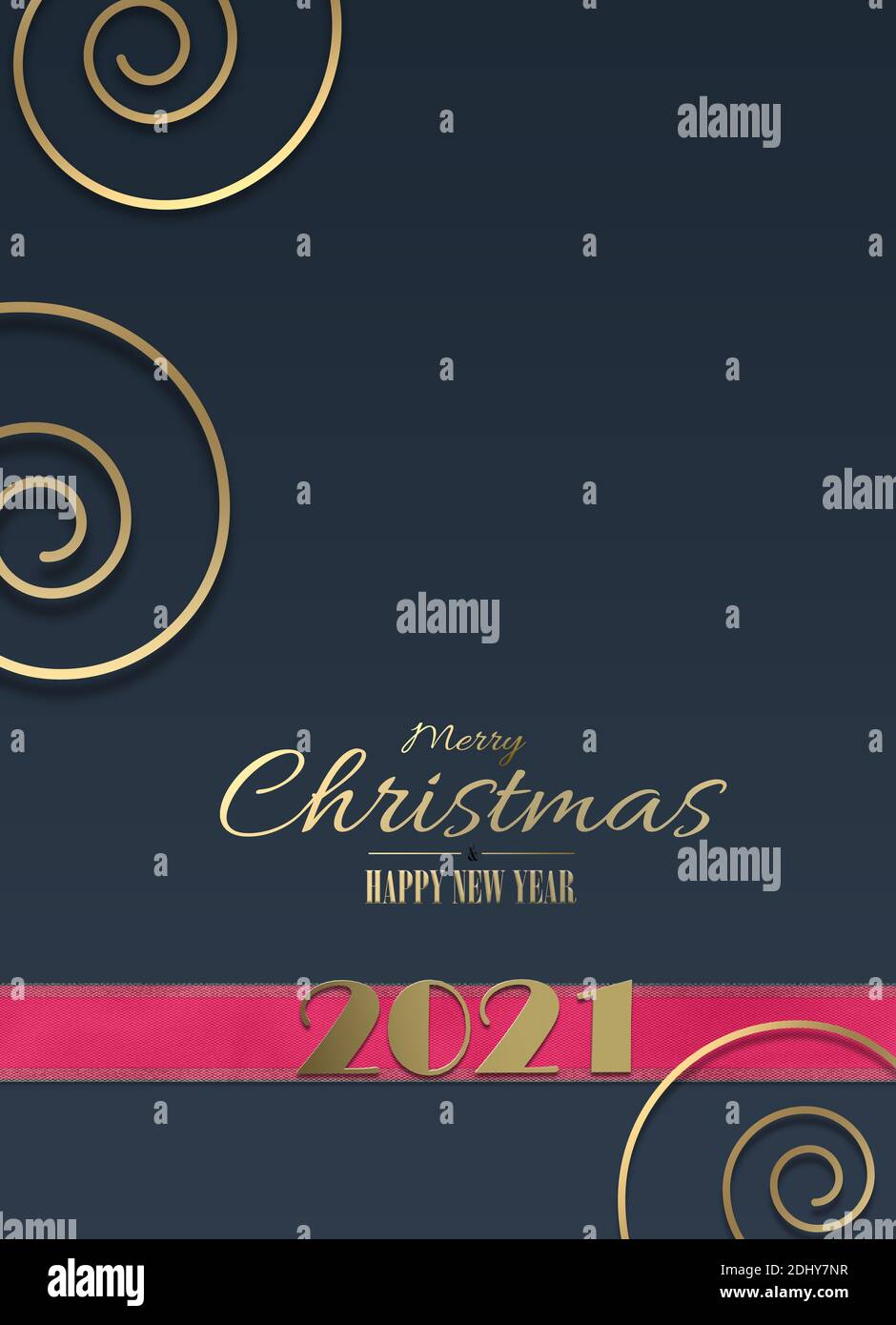 Décoration de Noël élégante en or bleu. Ruban rose avec or brillant chiffre 2021, texte doré avec voeux de Noël, spirale dorée sur bleu foncé backgro Banque D'Images