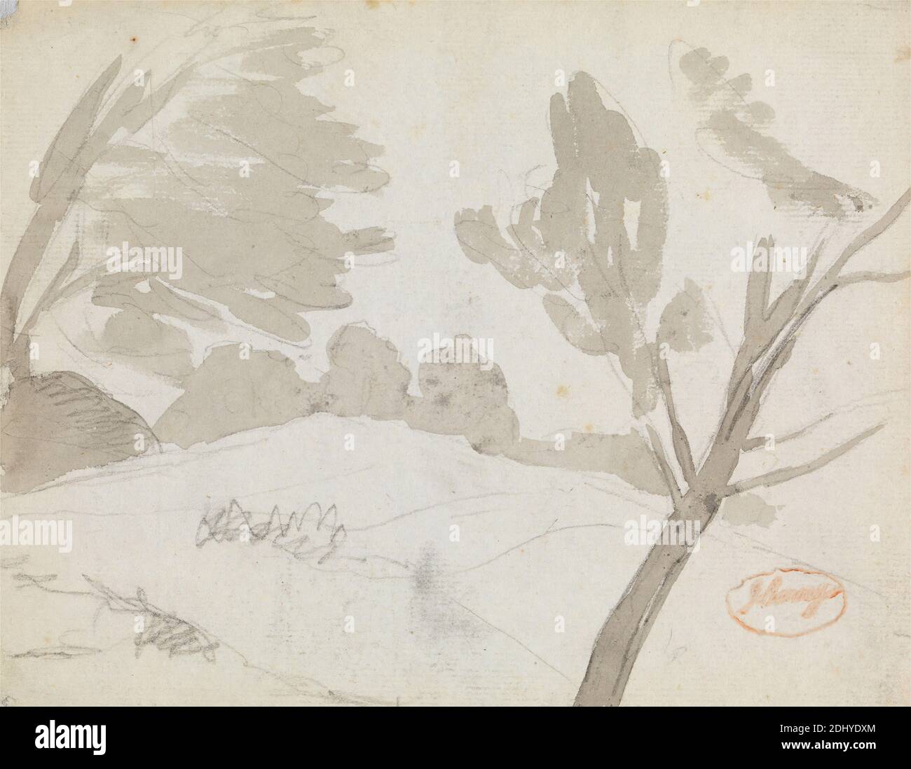Paysage, George Romney, 1734–1802, Britannique, non daté, gris laver sur graphite sur papier moyen, légèrement texturé, crème posée, feuille: 6 x 8 pouces (15.2 x 20.3 cm), paysage Banque D'Images