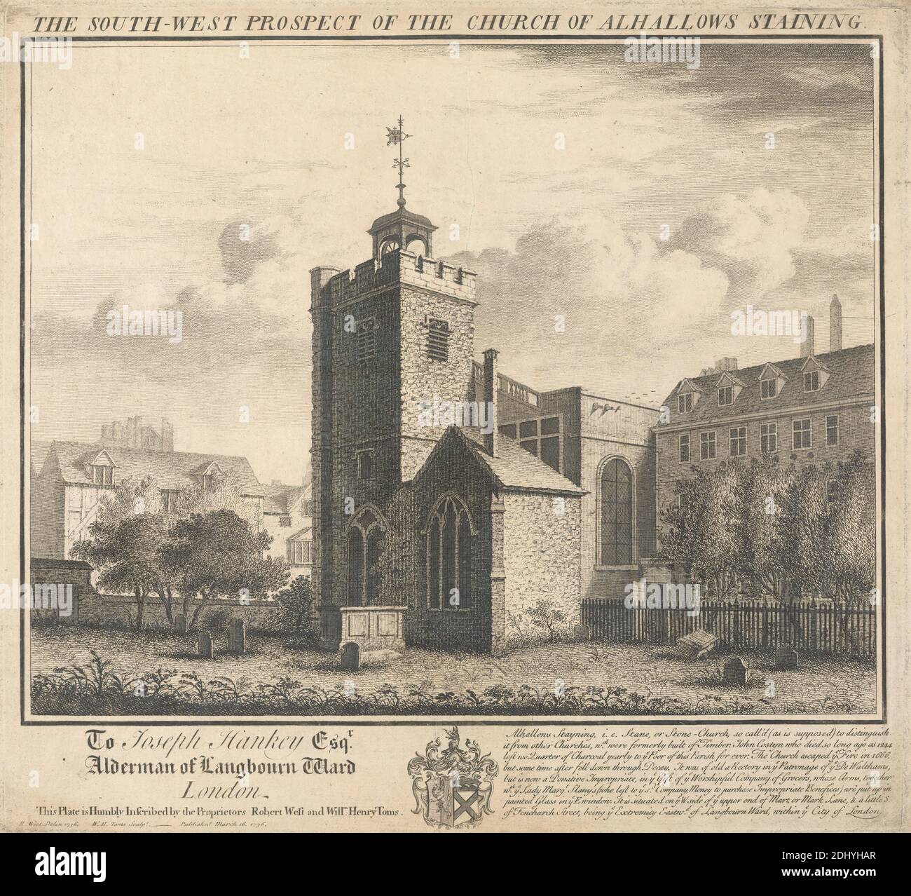 La perspective sud-ouest de l'église de tous les Halles coloration, William Henry Toms, ca. 1700 environ 1750, britannique, d'après Robert West, Active 1744–1770, irlandais, 1736, gravure, feuille : 11 1/8 x 12 3/16po. (28.3 x 31 cm Banque D'Images