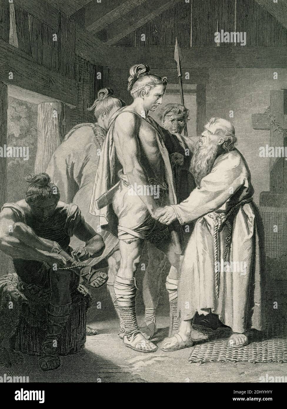 St Severinus et Odacer peint par O Eville. Odoacer (environ A.D. 435-493) était un chef germanique qui servait avec ses soldats comme mercenaires de Rome. En 476, son peuple, les Heruli, se révolta et le proclama roi. Odoacer dédort ensuite Romulus Augustulus, le dernier empereur romain de l'Occident. Dans cette illustration de la fin des années 1800, Odoacer (au centre) est montré entrant dans la petite demeure du moine respecté St. Severinus (à droite) pour demander son avis et sa bénédiction. Banque D'Images