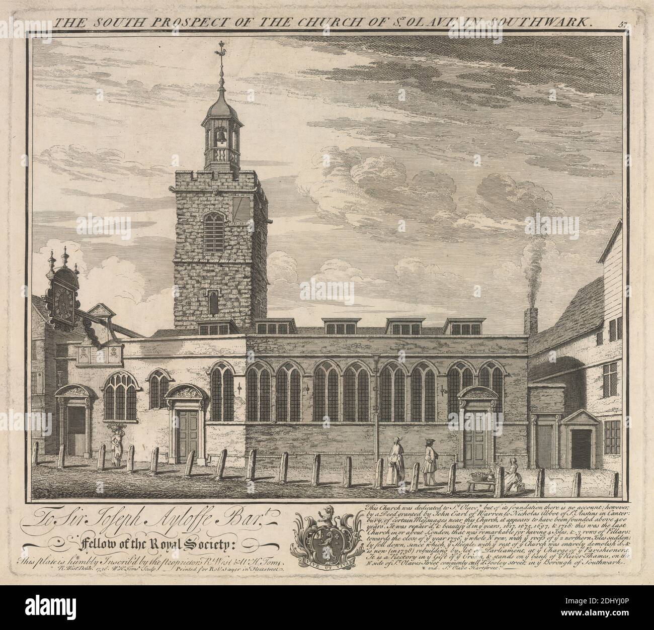 La perspective sud de l'église Saint-Olave à Southwark, William Henry Toms, ca. 1700 environ 1750, Britannique, d'après Robert West, Active 1744–1770, Irlandais, 1736, gravure, feuille : 11 x 12 1/4in. (27.9 x 31,1cm Banque D'Images