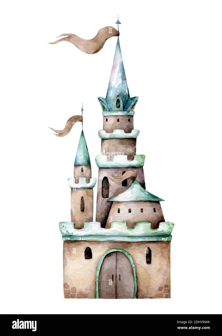 Joli château de dessins animés. Illustration isolée de dessin animé aquarelle dessinée à la main Banque D'Images