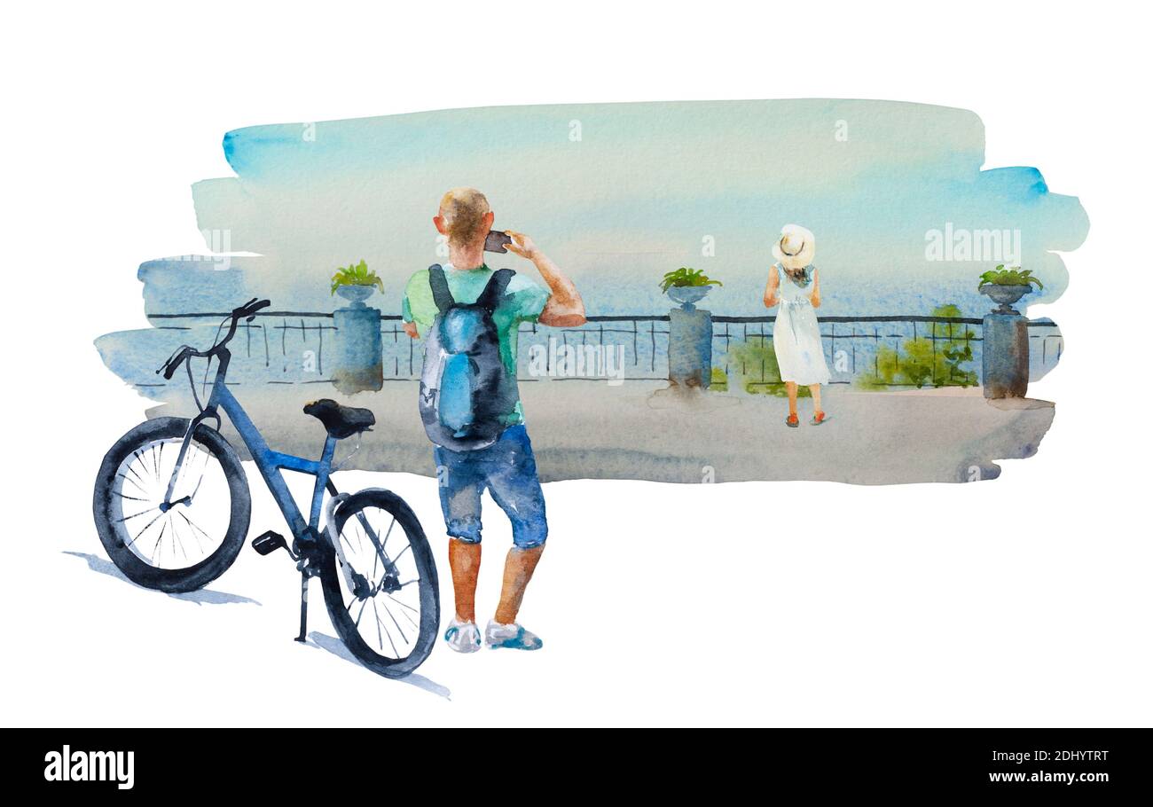Aquarelle homme avec vélo faire une photo de la mer avec la jeune fille en robe blanche près des rampes. Concept original de voyage peint à la main de vacances Banque D'Images