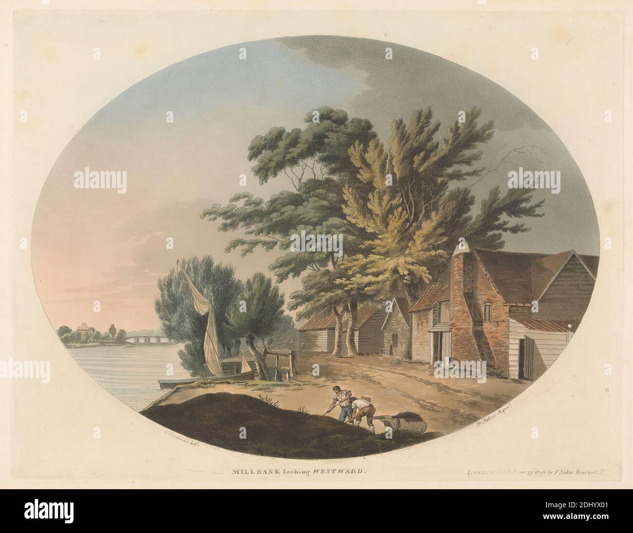 Millbank regardant Westward, Francis Jukes, 1747–1812, britannique, d'après Charles Tomkins, 1757–1823, britannique, 1796, Aquatint, couleur main Banque D'Images