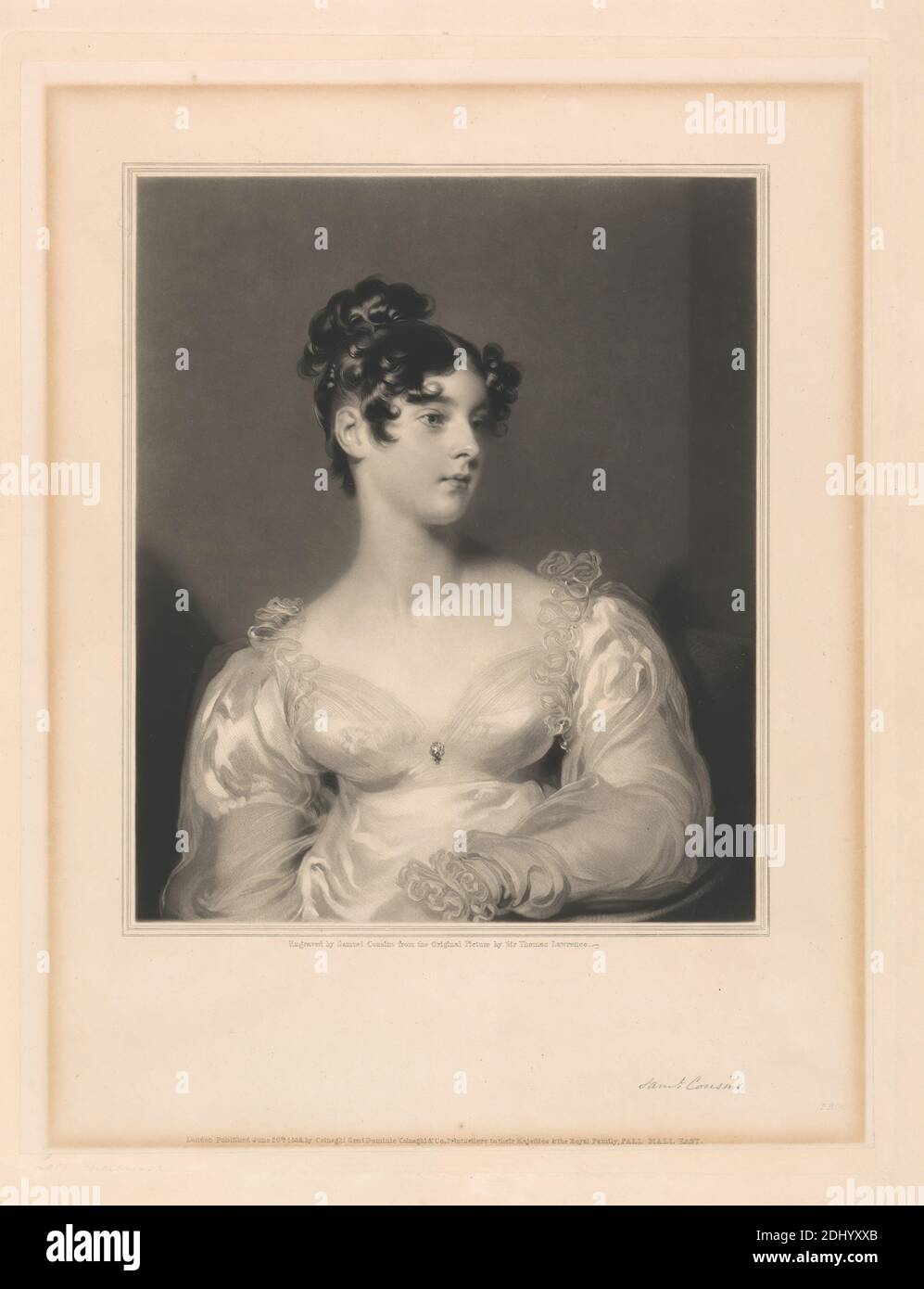 Elizabeth, comtesse Grosvenor, imprimé par Samuel cousins, 1801–1887, britannique, d'après Sir Thomas Lawrence, 1769–1830, britannique, publié par Colnaghi Senr. Dominic Colnaghi & Co., créé en 1760, actif environ 1785–1911, italien, actif en Grande-Bretagne, 1883, Mezzotint, gravure en pointillés et gravure en lignes sur papier vélin crème modérément épais, légèrement texturé, feuille: 18 3/8 x 15 3/16 pouces (46.7 x 38.6 cm), plaque: 13 15/16 x 10 7/8 pouces (35.4 x 27.7 cm), feuille: 13 3/8 x 10 1/2 pouces (34 x 26.6 cm), et image : 9 7/16 x 7 15/16 pouces (24 x 20.1 cm), broche, costume Banque D'Images