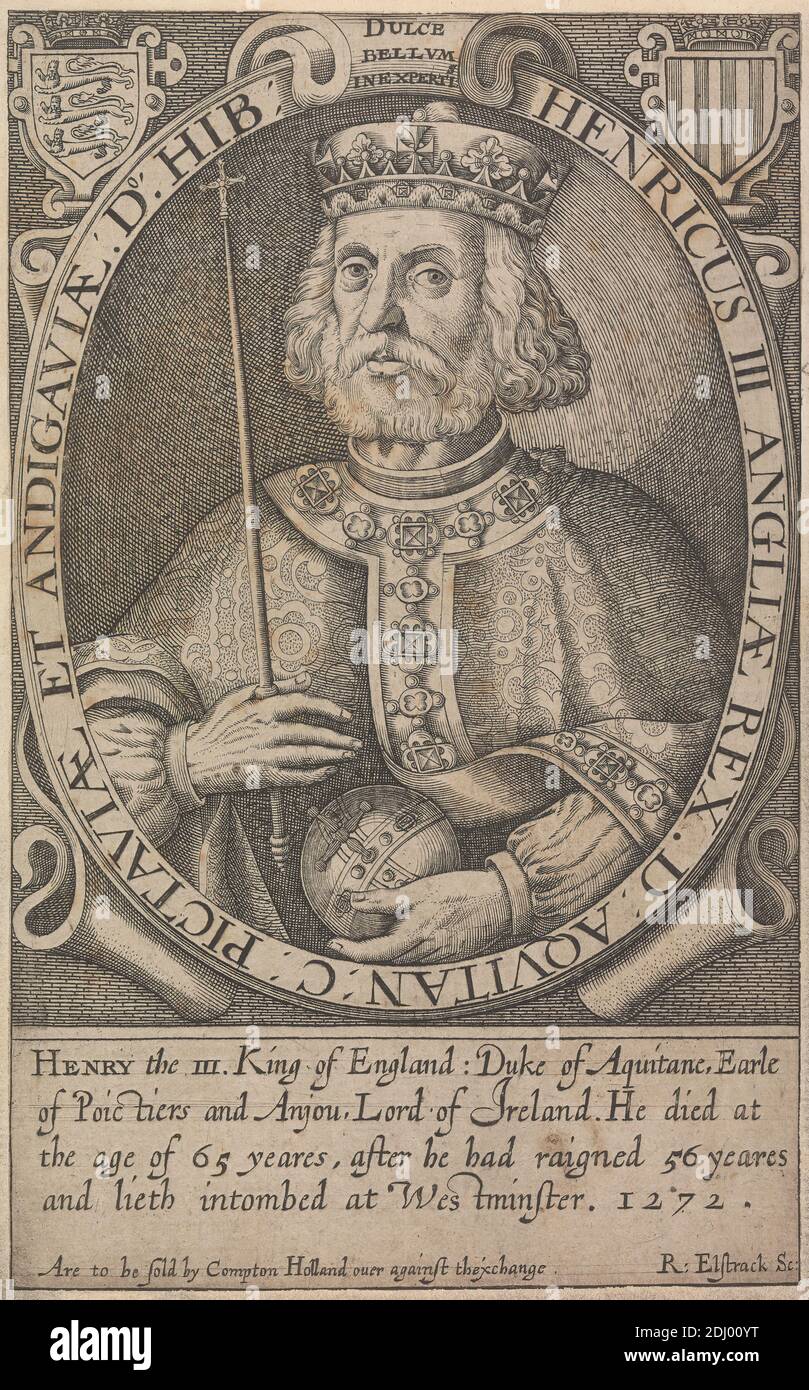 Henry III, Renold Elstrack, 1570–1625(?), British, publié par Compton Holland, active 1616–d.1621, British, 1618 ou 1628, gravure de ligne sur papier moyen, légèrement texturé, beige, posé sur le support, feuille: 7 1/16 x 4 7/16 pouces (18 x 11.3 cm) et image: 5 9/16 x 10.8 cm (4 1/4 x 14.1 pouces), barbe, brocart, cartouche, blason, collier, costume, crème, couronnes, broderie, illustration, bijoux, roi (personne), homme, moustache, orbe, ovale, portrait, robe, royauté, sceptre Banque D'Images