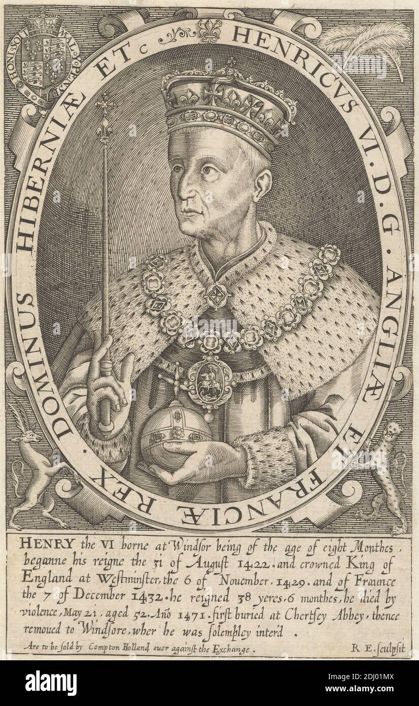 Henry VI, Renold Elstrack, 1570–1625(?), British, publié par Compton Holland, active 1616–d.1621, British, 1618 ou 1628, gravure en ligne sur papier moyen, légèrement texturé, beige, feuille: 7 1/16 x 4 1/2 pouces (17.9 x 11.4 cm) et image: 5 9/16 x 4 5/16 pouces (14.1 x 10.9 cm), cartouche, blason, costume, cimier, couronnes, poignets, hermine, plumes, illustration, bijoux, roi (personne), collier de livrée, homme, orbe, ovale, portrait, robe, royauté, sceptre Banque D'Images