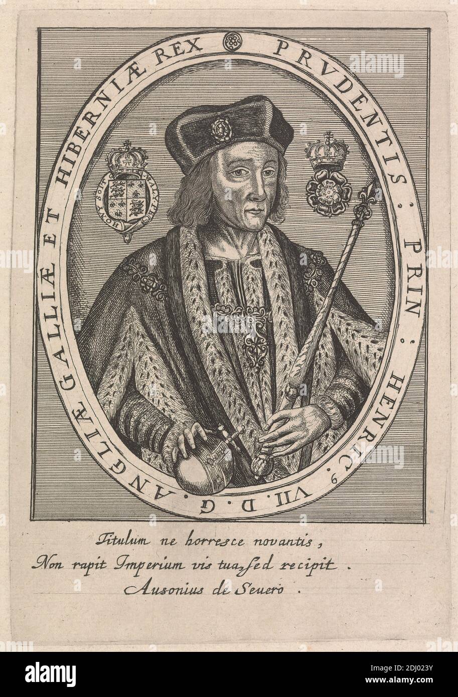 Henry VII, William Marshall, fl. 1617–1649, après Renold Elstrack, 1570–1625(?), British, après 1618, gravure en ligne sur papier moyen, légèrement texturé, crème, feuille: 8 7/8 x 5 7/8 pouces (22.5 x 14.9 cm), plaque: 6 3/4 x 4 11/16 pouces (17.2 x 11.9 cm), et image: 5 1/4 x 4 3/16 pouces (13.3 x 10.7 cm), casquette, cartouche, blason, costume, cimier, hermine, fleur (plante), fourrure, illustration, bijoux, roi (personne), collier de livrée, homme, orbe, ovale, portrait, robe, royauté, sceptre Banque D'Images