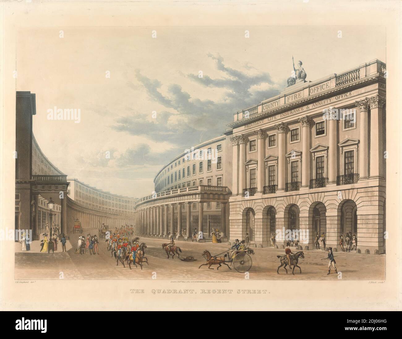 The Quadrant, Regent Street, John Bluck, actif 1791–1831, britannique, d'après Thomas Hosmer Shepherd, 1792–1864, britannique, 1822, Aquatint, couleur main Banque D'Images