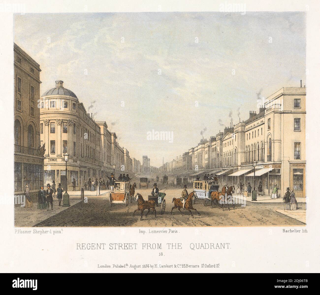Regent Street du Quadrant, Charles C. Bachelier, actif de 1834 à 1852, d'après Thomas Hosmer Shepherd, 1792 à 1864, British, 1854, lithographie de couleur main Banque D'Images