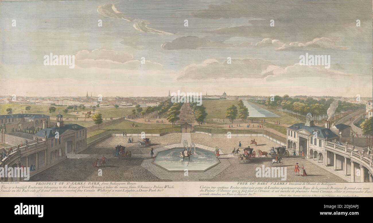 Perspective du parc Saint-James de la maison de Bukingam, Jacques Rigaud, 1681–1754, français, après Jacques Rigaud, 1681–1754, français, 1736, gravure de couleur main Banque D'Images