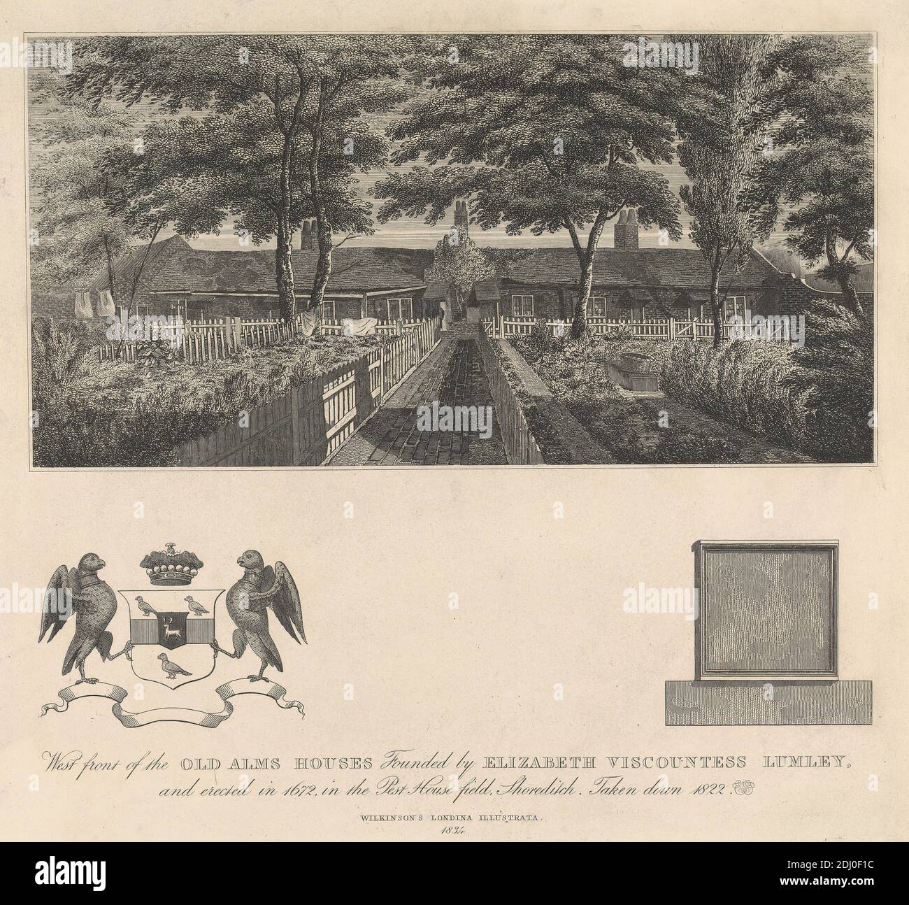 Face ouest des anciennes maisons d'aumône fondée par Elizabeth Viscountess Hamley, artiste inconnu, après artiste inconnu, 1834, gravure Banque D'Images