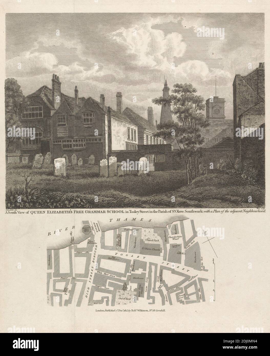 Une vue du sud de l'école de Grammer libre de la reine Elizabeth, William Wise, Active 1823–1876, britannique, d'après Jacob C. Schnebbelie, 1760–1792, britannique, 1813, gravure Banque D'Images