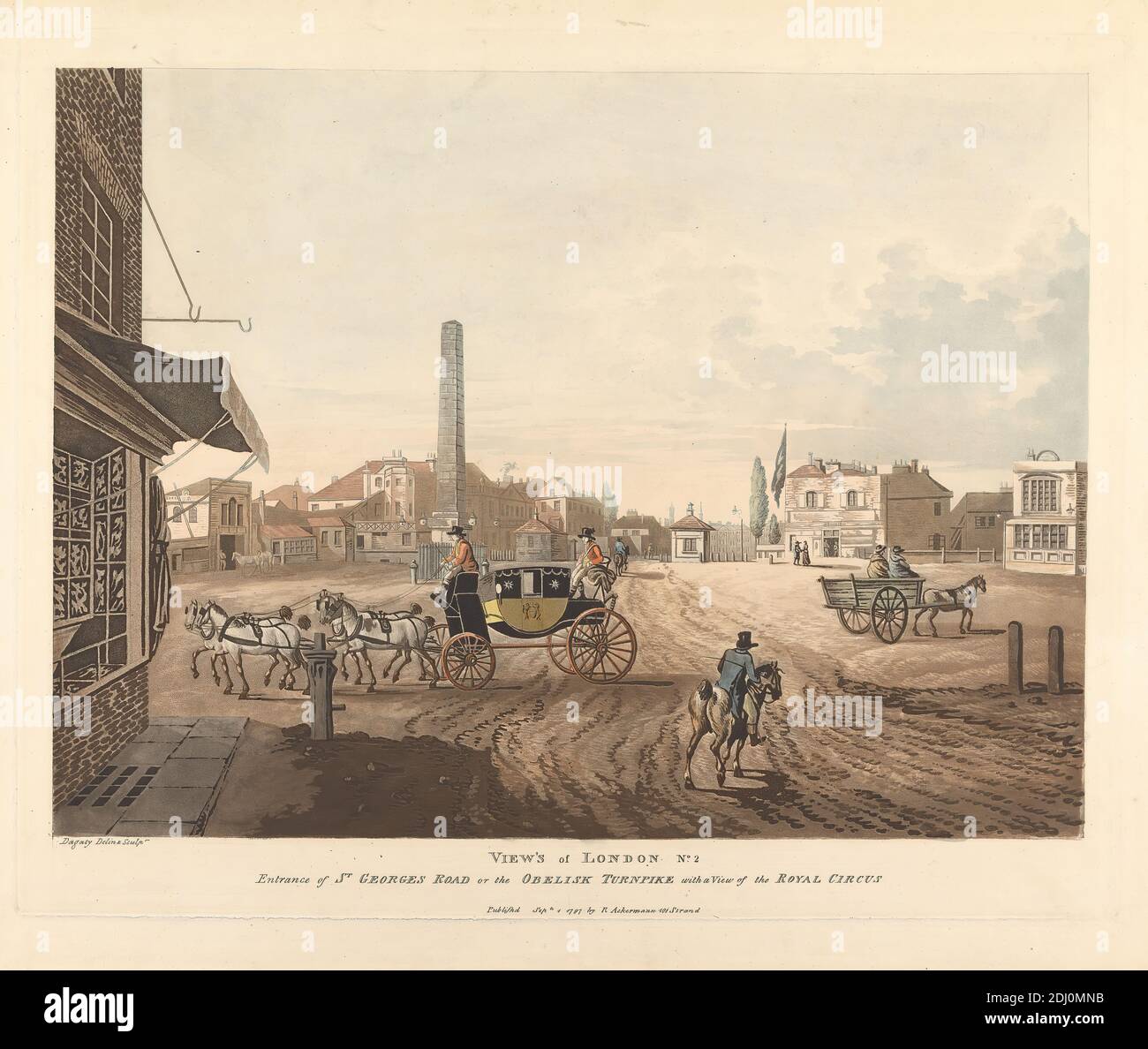 Entrée de la route Saint-Georges sur l'autoroute à péage de l'Obélisque avec vue sur le Cirque royal, artiste inconnu, ( Dagaty ), après artiste inconnu, ( Dagaty ), 1797, Aquatint, couleur main Banque D'Images