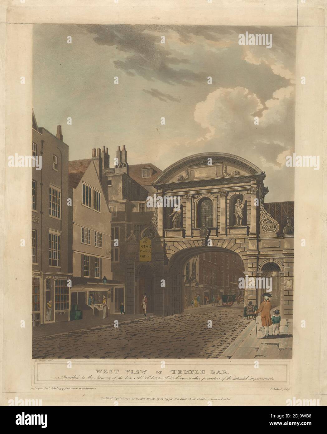 West View of Temple Bar, Philip Audinet, 1766–1837, britannique, d'après un artiste inconnu, ( B. Cooper, Jr. ? ), 1797, Aquatint, couleur main Banque D'Images