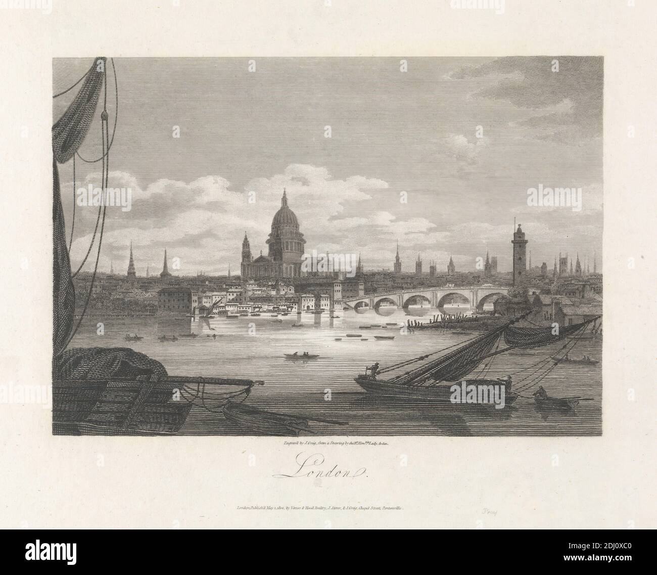 Londres, John Greig, actif 1800–1853, britannique, après la baronne Margaretta Elizabeth Arden, 1768–1851, britannique, 1804, gravure, pont (travaux de construction), cathédrale, paysage urbain, rivière, navires, Angleterre, Londres, cathédrale Saint-Paul, Tamise Banque D'Images