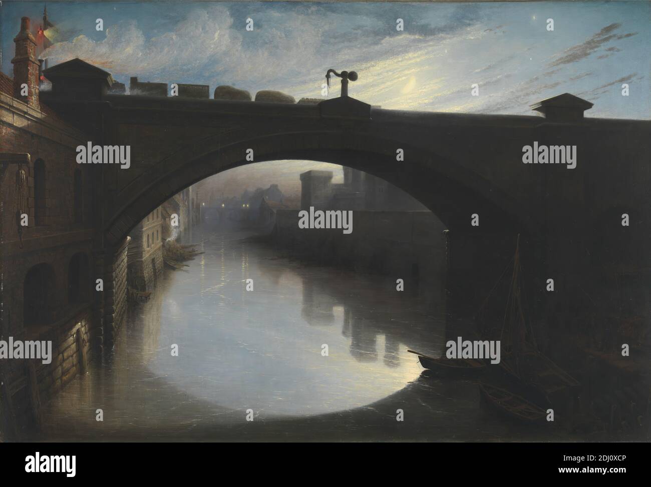 Pont ferroviaire au-dessus de la rivière Cart, Paisley, Waller Hugh Paton, 1828–1895, British, 1857, huile sur toile, support (PTG) : 27 × 39 pouces (68.6 × 99.1 cm), arche, astronomie, bateaux, pont (travaux de construction), paysage urbain, quai, industrie, lumières, lune, nuit, nuit, pompe, chemin de fer, chemin de fer, rivière, science, fumée, étoiles, vapeur, train, transport, treuil, Glasgow, Paisley, Écosse, Royaume-Uni Banque D'Images