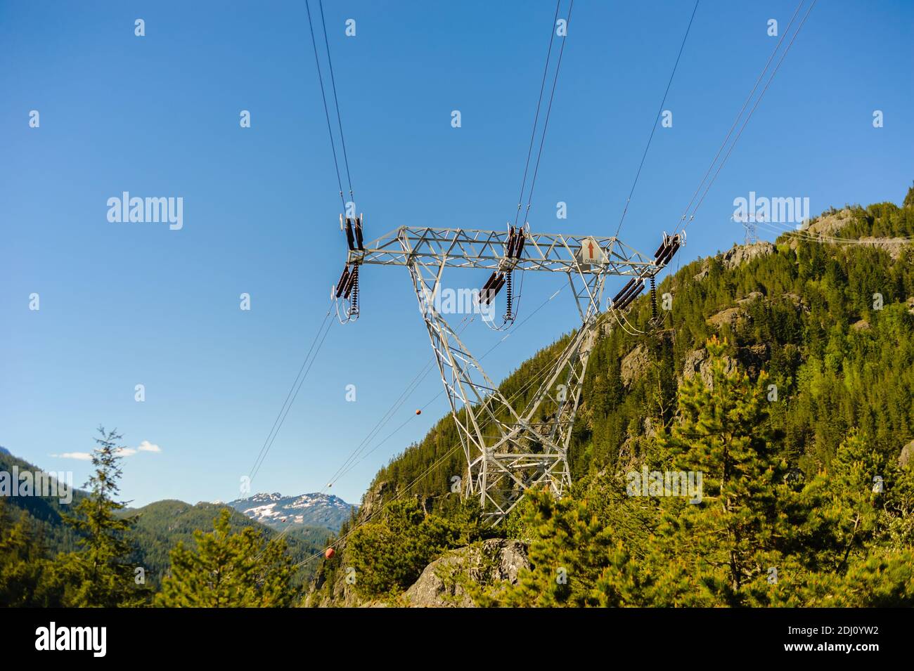 Lignes électriques et tour traversant la forêt et les montagnes contre le ciel bleu clair en Colombie-Britannique, Canada. Banque D'Images