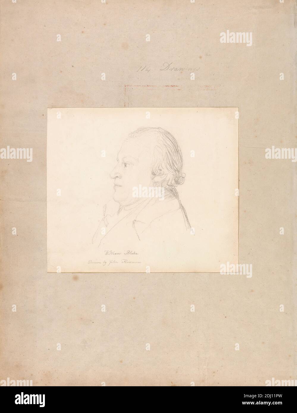 Portrait de William Blake, John Flaxman, 1755–1826, Britannique, env. 1804, Graphite sur papier vélin moyen, légèrement texturé, crème, feuille: 7 x 8 1/8 pouces (17.8 x 20.6 cm) et support: 16 5/8 x 12 7/8 pouces (42.2 x 32.7 cm), artiste, graveur (graveur), homme, poète, portrait, profil Banque D'Images