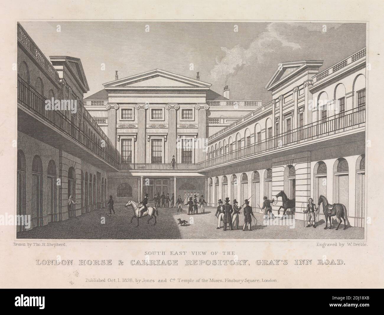 London Horse and Carriage Repository, Gray's Inn Road, William Deeble, actif 1814–1849, britannique, d'après Thomas Hosmer Shepherd, 1792–1864, britannique, 1822, gravure Banque D'Images