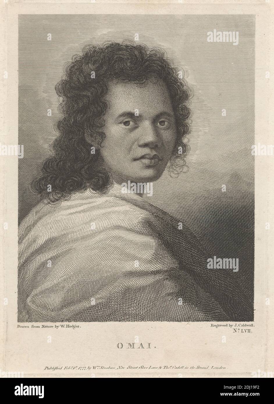 Omai, imprimé par James Caldwall, 1739–1819, British, d'après William Hodges, 1744–1797, British, publié par Thomas Cadell The Elder, 1742–1802, British, et William Strahan, 1715–1785, British, 1777, gravure en ligne et gravure sur papier crème modérément épais, modérément texturé, feuille : 12 1/2 x 8 7/8 pouces (31.8 x 22.5 cm), plaque : 10 13/16 x 7 9/16 pouces (27.5 x 19.2 cm), et image : 9 x 6 15/16 pouces (22.8 x 17.6 cm), boucles, homme, portrait, Tahiti Banque D'Images