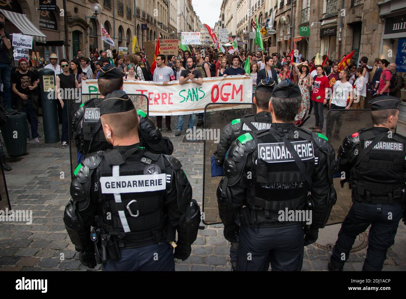 Cent manifestants se sont emmis dans les rues de Rennes, dans l'ouest de la France, le 21 mai 2016, pour la marche contre Monsanto, dans le cadre d'une manifestation contre la multinationale agrochimique. Les militants protestent contre les produits génétiquement modifiés (OGM) de Monsanto et contre le monopole présumé que Monsanto a sur le marché de l'approvisionnement alimentaire. Photo du Vicent Feuray/ABACAPRESS.COM Banque D'Images