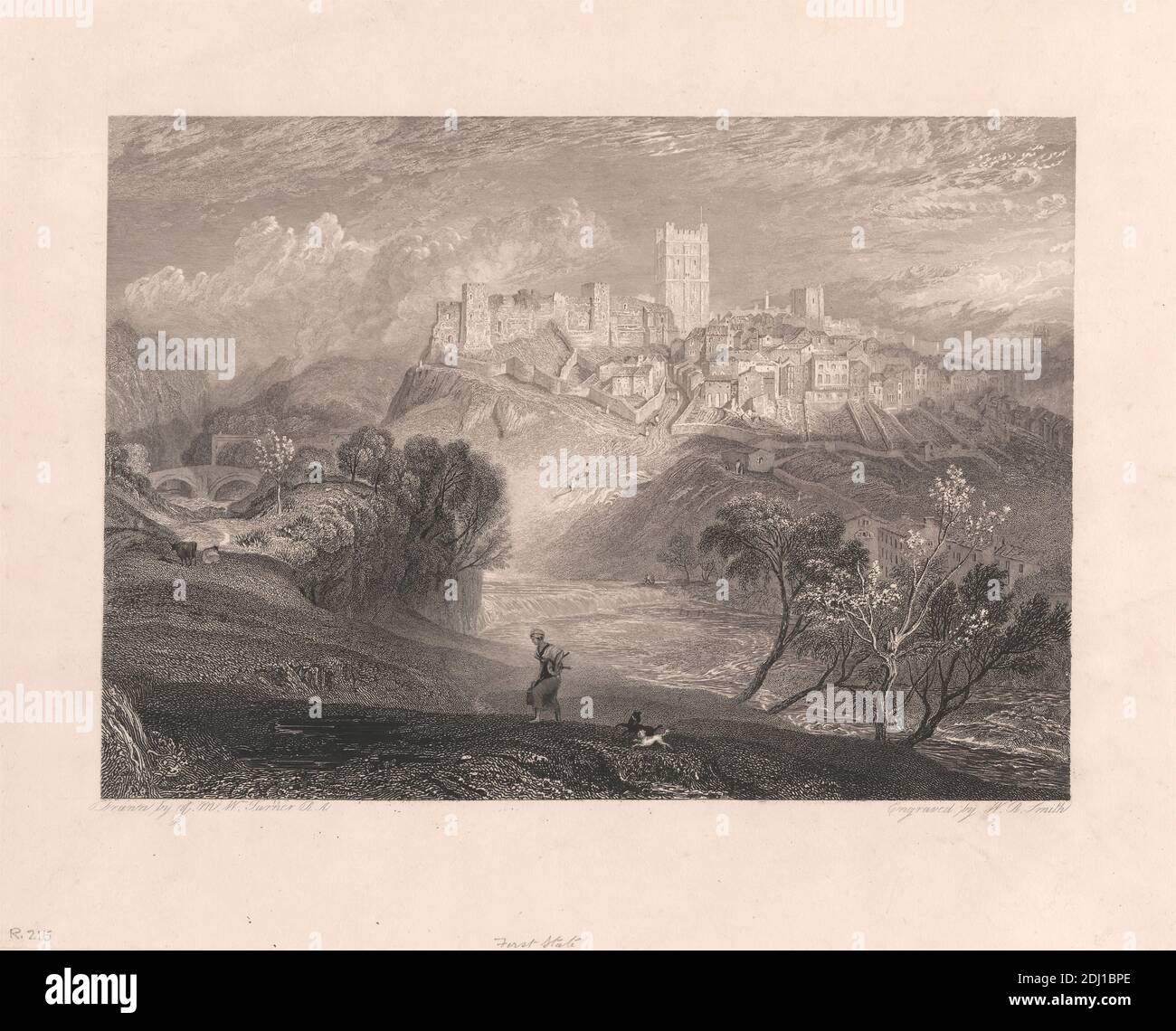 Richmond, Yorkshire, W. R. Smith, active 1819–1851, après Joseph Malbord William Turner, 1775–1851, British, 1827, gravure et gravure en ligne, 1er état sur modérément épais, légèrement texturé, crème, papier vélin, avec crème, colle chine, feuille: 9 9/16 × 12 pouces (24.3 × 30.5 cm), Colle chine : 9 3/8 × 11 1/2 pouces (23.8 × 29.2 cm) et image : 6 3/4 × 9 1/2 pouces (17.1 × 24.1 cm) Banque D'Images