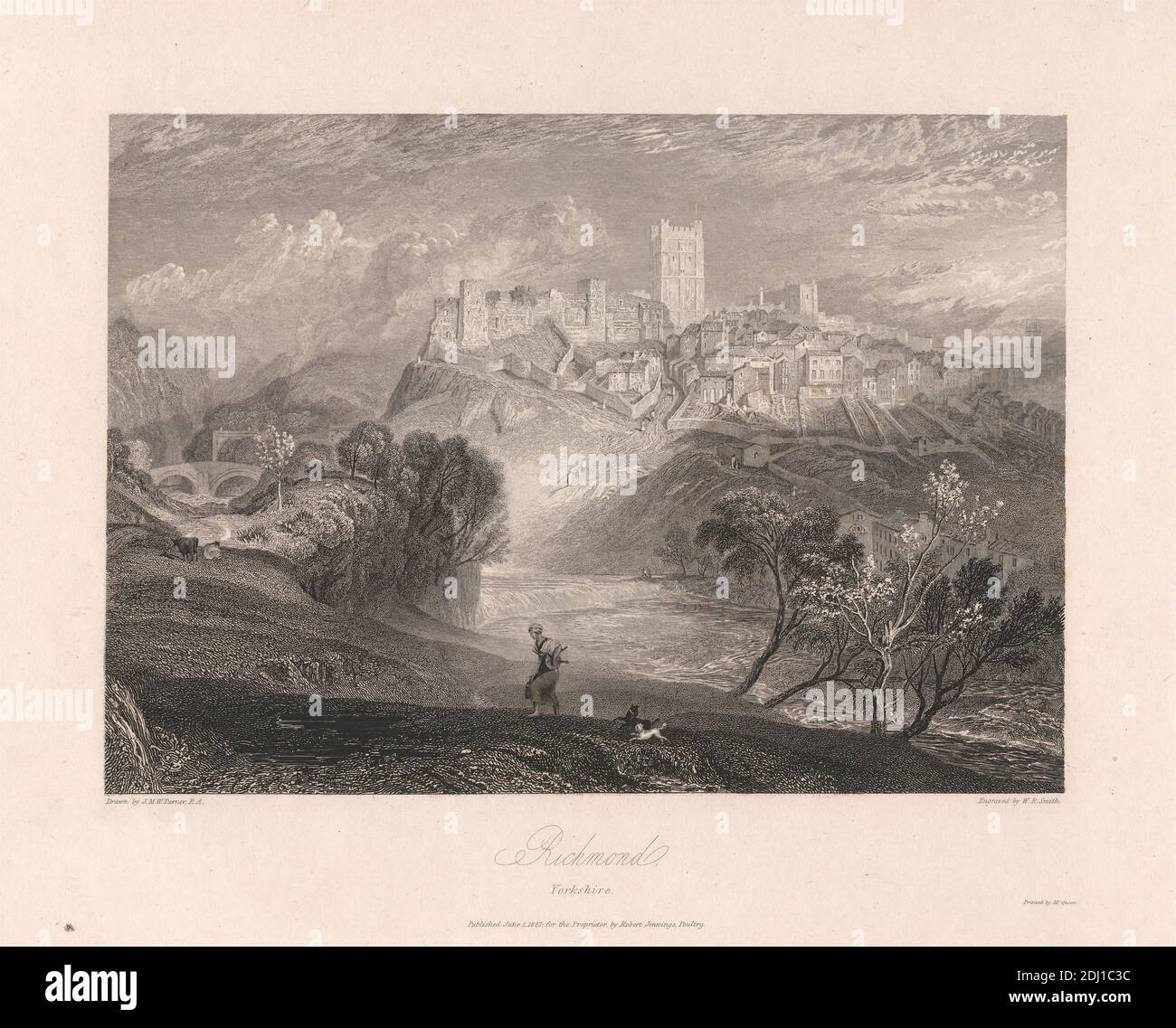 Richmond, Yorkshire, W. R. Smith, active 1819–1851, d'après Joseph Mallord William Turner, 1775–1851, British, 1827, gravure et gravure en ligne, 2e état sur modérément épais, légèrement texturé, crème, papier vélin, avec crème, colle chine, feuille: 10 1/2 × 14 1/2 pouces (26.7 × 36.8 cm), plaque: 9 5/8 × 11 3/4 pouces (24.4 × 29.8 cm), Cine Collé : 9 3/8 × 11 5/8 pouces (23.8 × 29.5 cm) et image : 6 11/16 × 9 3/8 pouces (17 × 23.8 cm) Banque D'Images