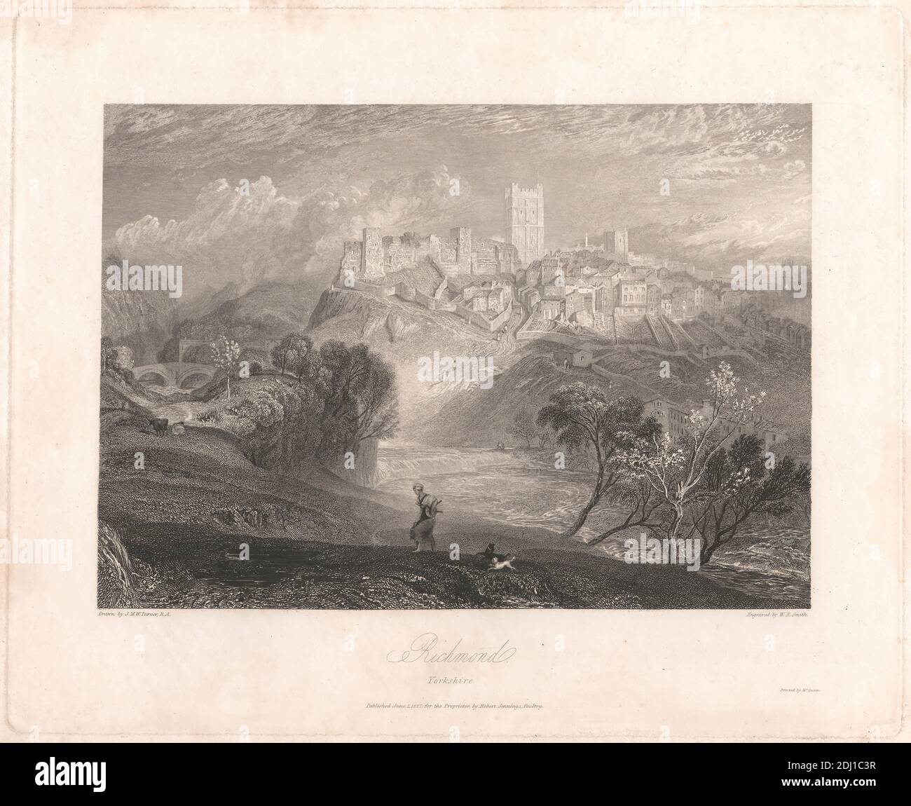 Richmond, Yorkshire, W. R. Smith, active 1819–1851, d'après Joseph Mallord William Turner, 1775–1851, British, 1827, gravure en ligne et gravure sur une épaisseur modérée, légèrement texturée, crème, papier vélin, feuille: 10 1/16 × 14 3/8 pouces (25.6 × 36.5 cm), plaque: 9 11/16 × 11 3/4 pouces (24.6 × 29.8 cm) et image : 6 11/16 × 9 3/8 pouces (17 × 23.8 cm) Banque D'Images