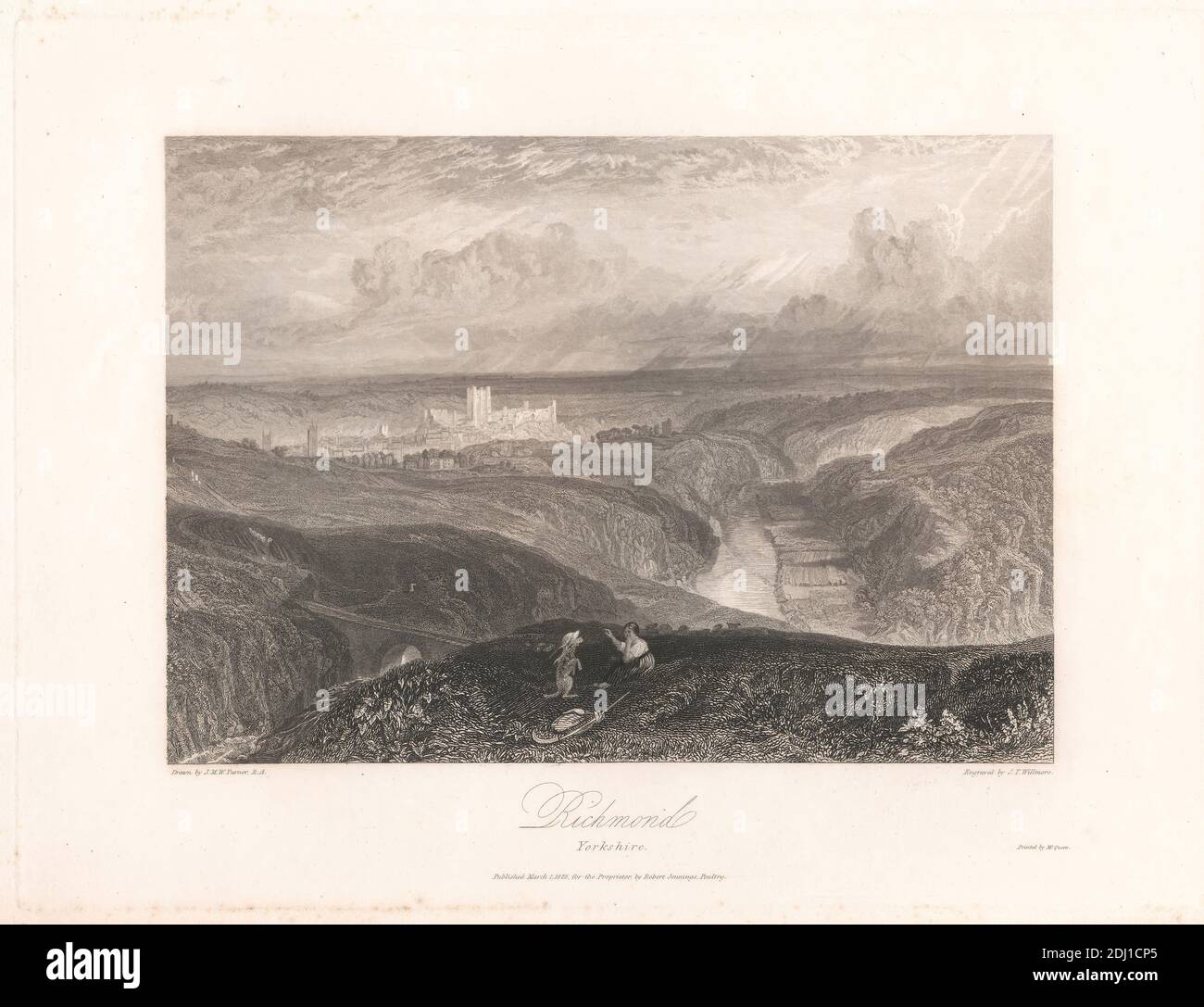 Richmond, Yorkshire, James T. Willmore, 1800–1863, British, d'après Joseph Mallord William Turner, 1775–1851, British, 1828, gravure en ligne, 3e état sur papier légèrement épais, à texture fine, crème, feuille: 10 5/8 × 15 1/8 pouces (27 × 38.4 cm), plaque: 9 3/8 × 12 3/8 pouces (23.8 × 31.4 cm) et image : 6 9/16 × 9 1/4 pouces (16.7 × 23.5 cm) Banque D'Images