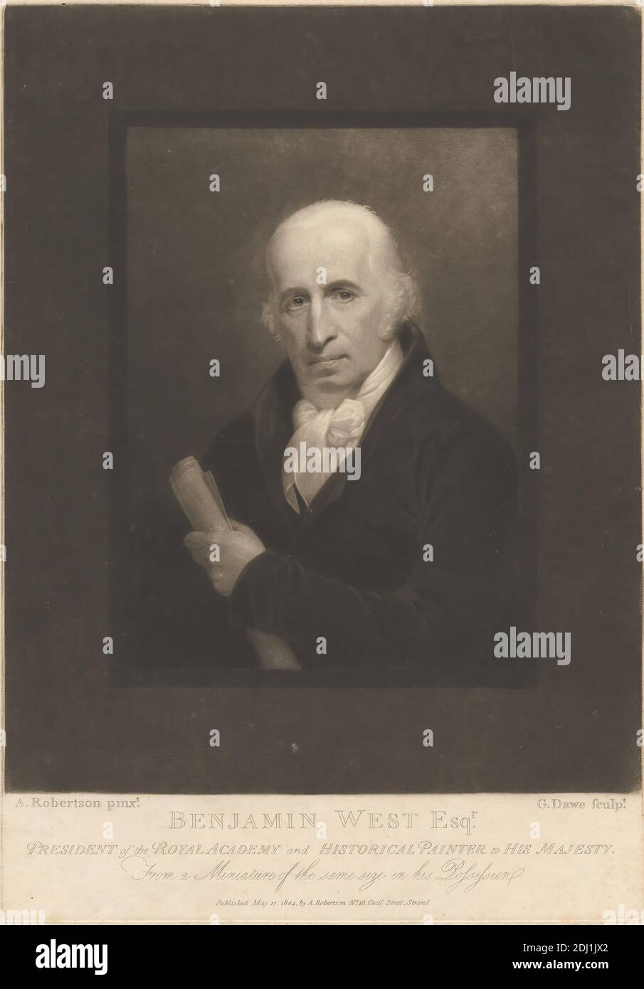 Benjamin West, Esqr., imprimé par George Dawe, 1781–1829, British, After Andrew Robertson, 1777–1845, British, publié par Andrew Robertson, 1777–1845, British, 1804, Mezzotint sur du papier à feuilles crème moyennement épais, moyennement texturées, feuille: 16 3/16 x 11 3/4 pouces (41.1 x 29.8 cm), plaque: 13 3/4 x 9 5/8 pouces (35 x 24.5 cm), et image : 11 7/8 x 9 5/8 pouces (30.1 x 24.4 cm), artiste, manteau, cravat, tenue, homme, portrait, défilement (artefact d'information Banque D'Images