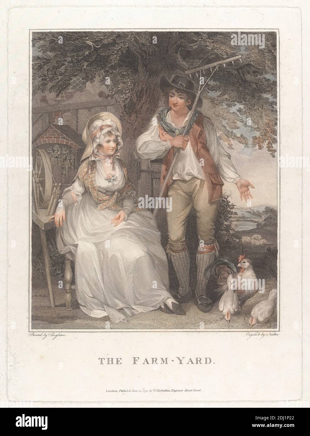 The Farm-Yard, imprimé par William Nutter, 1754–1802, britannique, d'après Henry Singleton, 1766–1839, britannique, 1790, en pointillé, imprimé en couleurs, feuille : 15 5/8 x 11 1/2in. (39.7 x 29,2 cm), vache Banque D'Images