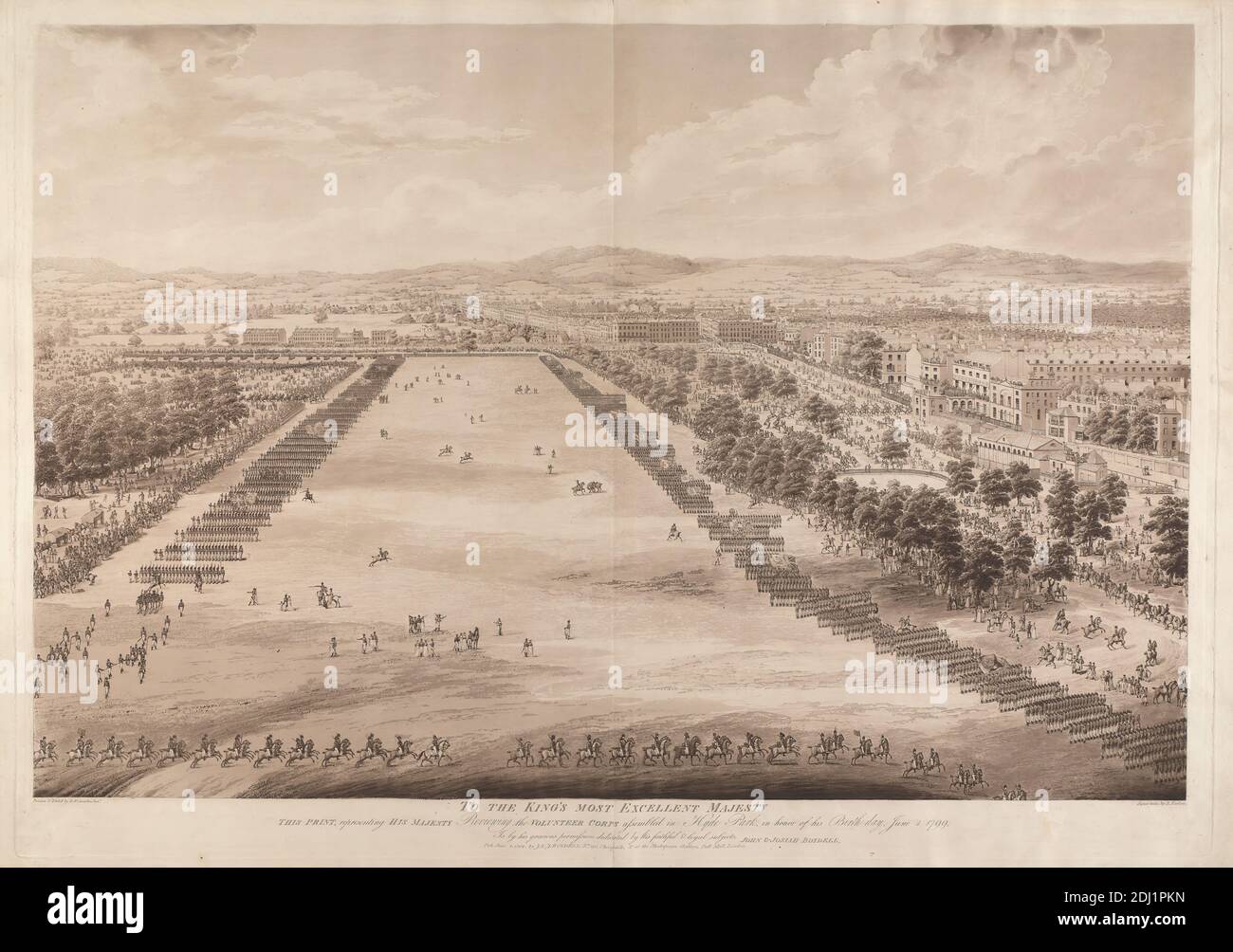 Sa Majesté passe en revue le corps des volontaires assemblé à Hyde Park, Richard Earlom, 1743–1822, en Grande-Bretagne, après Robert Smirke, 1752–1845, en Grande-Bretagne, 1801, Aquatint Banque D'Images
