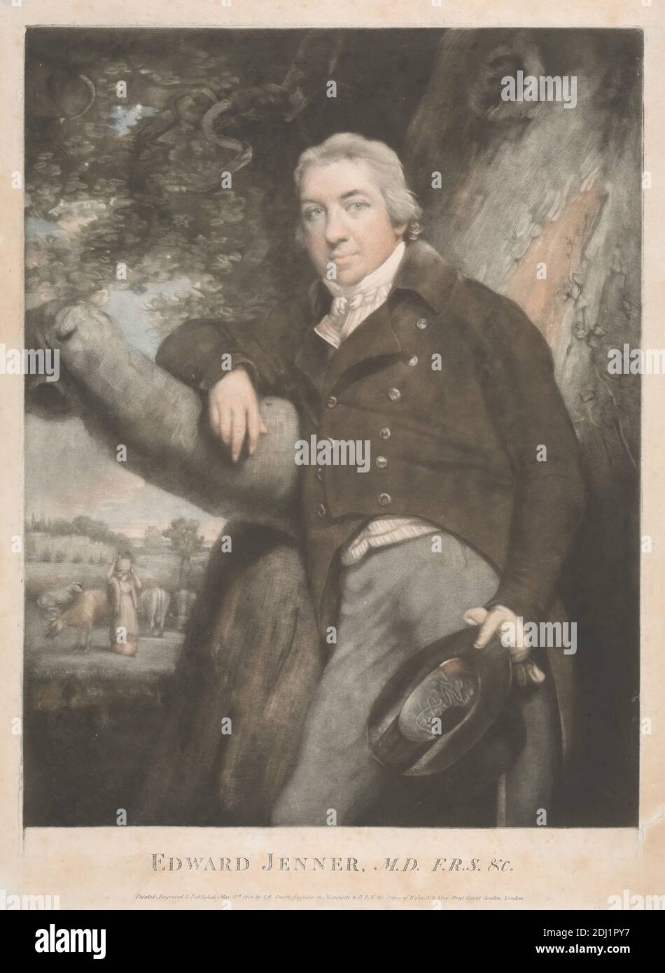 Edward Jenner, M.D. F.R.S. & c., John Raphael Smith, 1752–1812, British, After John Raphael Smith, 1752–1812, British, 1801, Mezzotint imprimé en couleurs sur modérément épais, modérément texturé, crème, papier vélin, feuille: 21 1/2 × 16 1/8 pouces (54.6 × 41 cm), plaque: 20 × 14 pouces (50.8 × 35.6 cm), et image: 18 × 35.2 cm (13 7/8 × 45.7 pouces) Banque D'Images