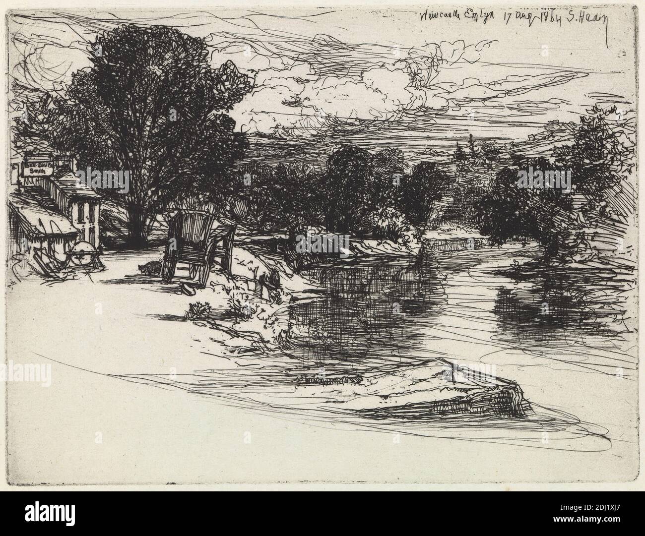 Newcastle Emlyn, Francis Seymour Haden, 1818–1910, British, 1864, Etching et point sec sur papier doux et crème, feuille: 5 3/8 x 6 1/2 pouces (13.6 x 16.5 cm), plaque: 4 1/2 x 6 pouces (11.4 x 15.2 cm), et image: 4 1/2 x 6 pouces (11.4 x 15.2 cm), sujet architectural, banques, forgeron, bâtiments, chariot, nuages, maison, fer, paysage, cochon, rivière, rochers (formes terrestres), panneau, smity, arbres, wagon, eau, météo, roue, Carmarthenshire, Cymru, Europe, Newcastle Emlyn, Royaume-Uni, pays de Galles Banque D'Images