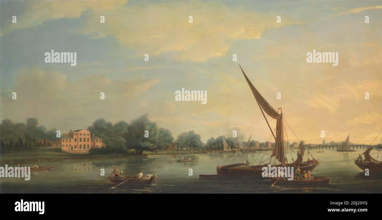 La Tamise à Chelsea, Thomas Whitcombe, 1763–après 1824, British, 1784, huile sur toile, support (PTG): 30 7/8 x 60 1/4 pouces (78.4 x 153 cm), bateaux, pont (travaux de construction), bâtiments, paysage urbain, maison de campagne, art marin, hommes, rivière, barques, voiliers, Chelsea, Angleterre, Grand Londres, Tamise, Royaume-Uni Banque D'Images