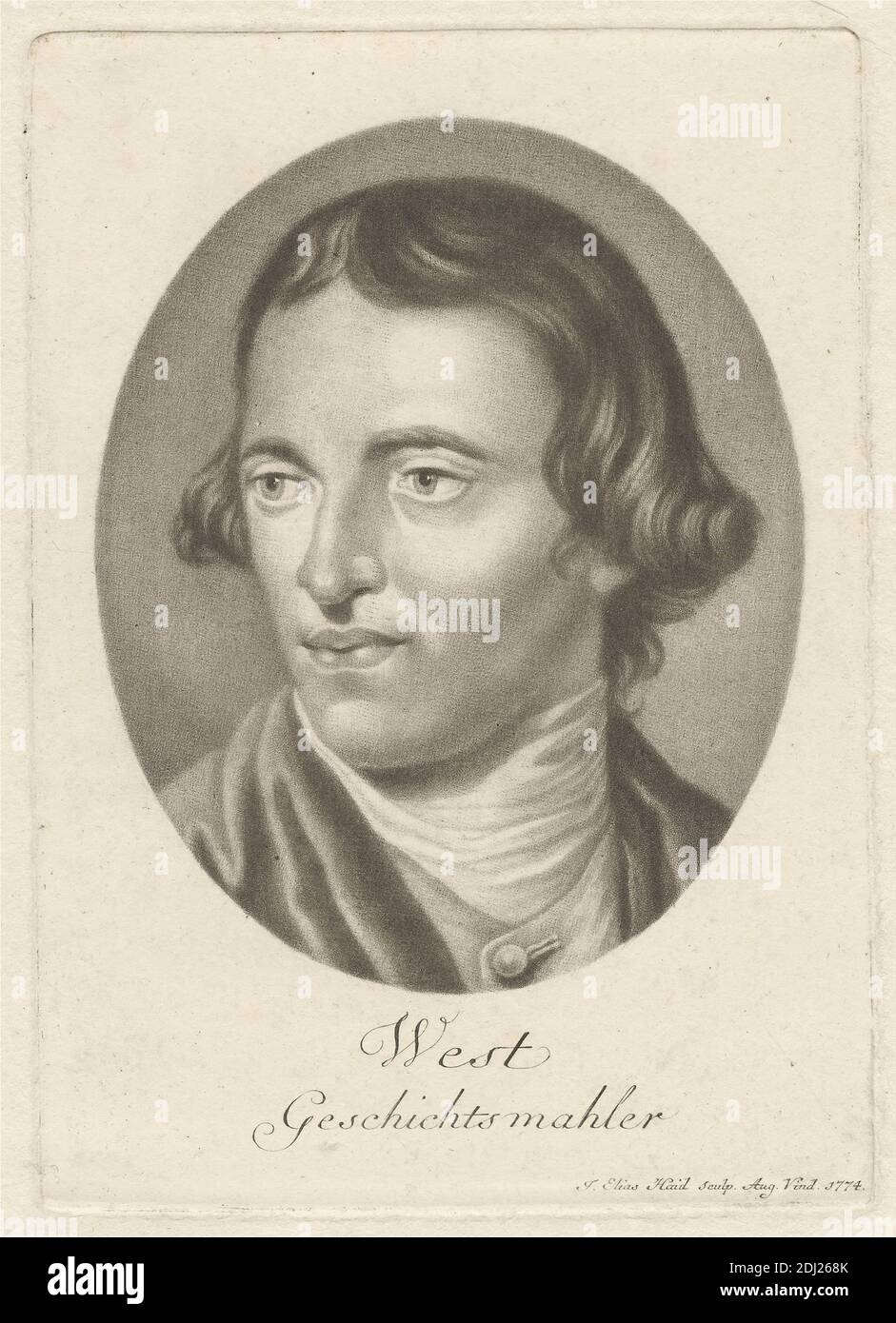 West, Geschichts mahler, Johann Elias Haid, 1739–1809, allemand, après artiste inconnu, 1774, Mezzotint sur papier légèrement épais, légèrement texturé, crème, feuille: 12 7/8 x 10 3/8 pouces (32.7 x 26.4 cm), plaque: 5 9/16 x 3 15/16 pouces (14.2 x 10 cm), et image: 4 1/8 x 3 5/16 pouces (10.5 x 8.4 cm), artiste, cravat, tête, peintre d'histoire, homme, cou, peintre, portrait, pose, solennel Banque D'Images