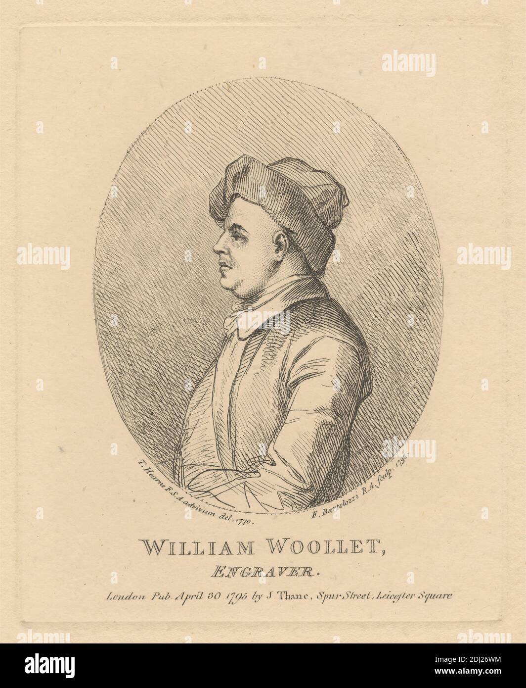 William Woollet, imprimé par Francesco Bartolozzi RA, 1728–1815, italien, actif en Grande-Bretagne (1764–99), d'après Thomas Hearne, 1744–1817, britannique, publié par John Thane, 1748–1818, britannique, 1795, Etching sur papier épais, modérément texturé, beige, feuille: 9 5/8 x 6 pouces (24.4 x 15.2 cm), plaque: 4 3/4 x 3 3/4 pouces (12 x 9.5 cm), et image : 3 3/8 x 2 5/8 pouces (8.5 x 6.6 cm), capuchon, manteau, graveur (graveur), homme, ovale, portrait, profil, stock Banque D'Images