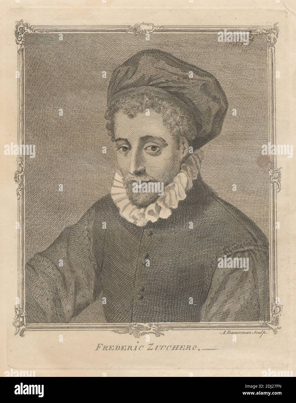 Frederick Zucchero, imprimé par Alexander Bannerman, ca. 1730–1780, après artiste inconnu, non daté, gravure en ligne sur papier à feuilles moyennes, légèrement texturées, crème, feuille: 11 7/8 x 9 1/8 pouces (30.2 x 23.2 cm), plaque: 7 3/8 x 5 3/4 pouces (18.7 x 14.6 cm), et image: 6 x 5 1/8 pouces (15.2 x 13 cm), homme, portrait Banque D'Images
