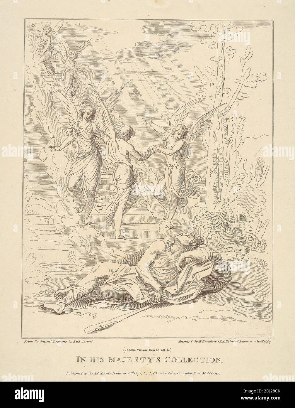 Jacob's Vision, Genesis 28, v. II, Francesco Bartolozzi RA, 1728–1815, italien, actif en Grande-Bretagne (1764–99), après Lodovico Carracci, 1555–1619, italien, 1797, gravure Banque D'Images
