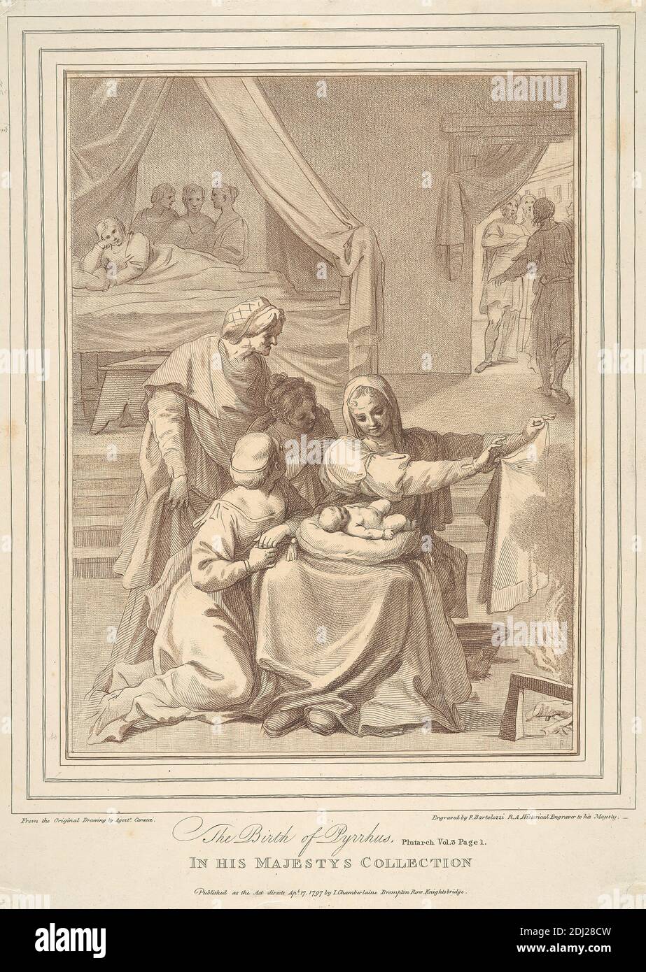 La naissance de Pyrrhus, Francesco Bartolozzi RA, 1728–1815, italien, actif en Grande-Bretagne (1764–99), après Agostino Carracci, 1557–1602, italien, 1797, gravure Banque D'Images