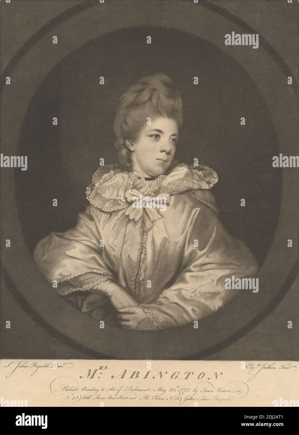 Mme Abington, imprimé par Elizabeth Judkins, active 1772–1775, britannique, d'après Sir Joshua Reynolds RA, 1723–1792, britannique, 1772, Mezzotint, actrice, choker, costume, gants, pélerine, performance, portrait, scène, théâtre (discipline), femme Banque D'Images