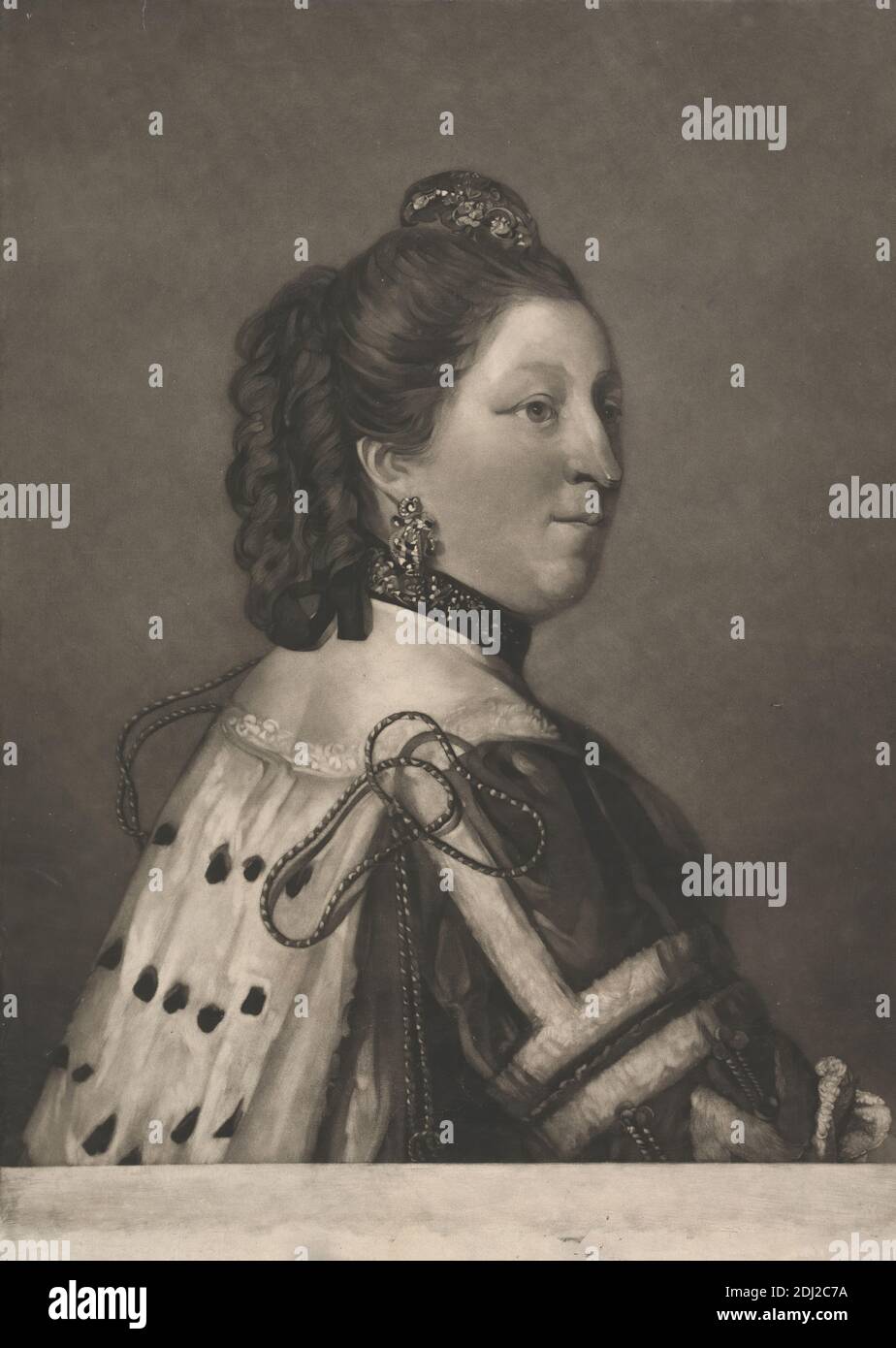 Elizabeth, comtesse de Northumberland, Edward Fisher, 1722–1785, britannique, d'après Sir Joshua Reynolds RA, 1723–1792, britannique, entre 1759 et 1776, Mezzotint sur papier beige légèrement épais, légèrement texturé, feuille: 20 7/8 × 14 15/16 pouces (53.1 × 37.9 cm) et image: 19 3/16 × 14 15/16 pouces (48.7 × 37.9 cm), baronne, boutons, cape, choker, courge (couronne), comtesse, courtier, diariste, boucles d'oreilles, fourrure, regard, bijoux, manteau, collier, portrait, pose, rubans, robe, solennel, glands, femme Banque D'Images