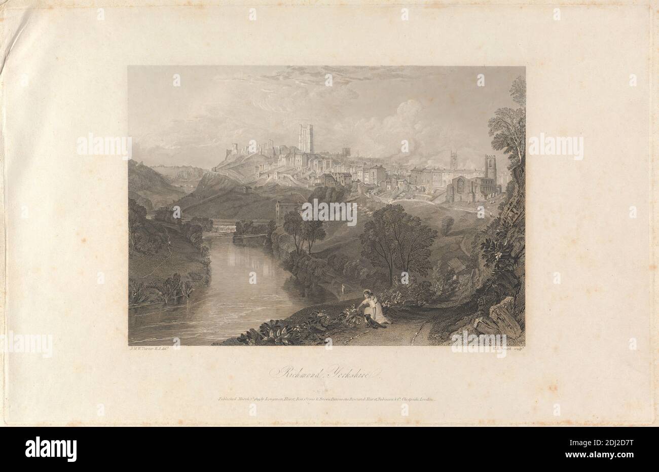 Richmond, Yorkshire, W. R. Smith, active 1819–1851, d'après Joseph Mallord William Turner, 1775–1851, British, 1819, Etching et gravure de ligne sur modérément épais, légèrement texturé, crème, papier vélin, avec crème, colle chine, feuille: 12 3/16 × 18 3/8 pouces (31 × 46.7 cm), plaque: 11 1/4 × 17 1/2 pouces (28.6 × 44.5 cm), Cine Collé : 11 1/4 × 17 1/4 pouces (28.6 × 43.8 cm) et image : 7 9/16 × 10 11/16 pouces (19.2 × 27.1 cm) Banque D'Images